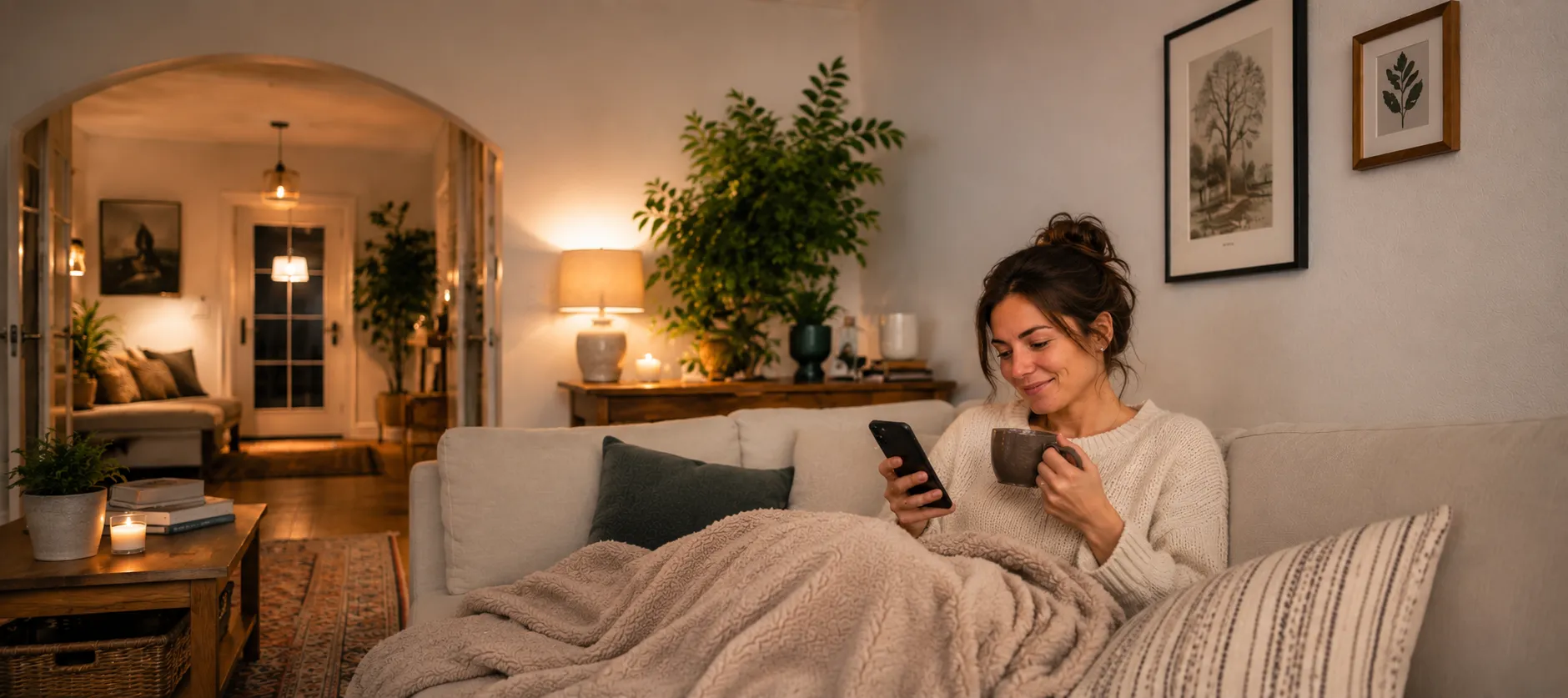 A woman curled up on her couch with a mug and a blanket, smiling at her phone in a warm lamp-lit living room