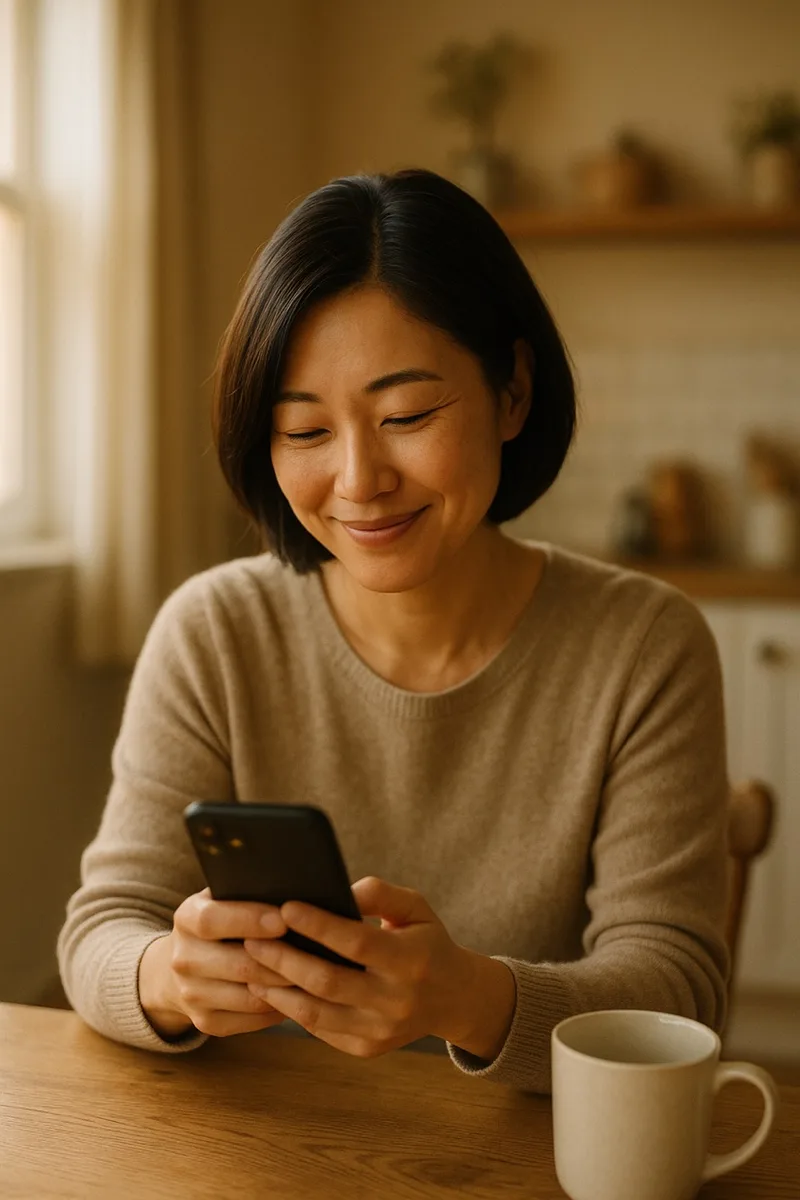 A woman at her kitchen table in soft morning light, smiling at her phone over coffee